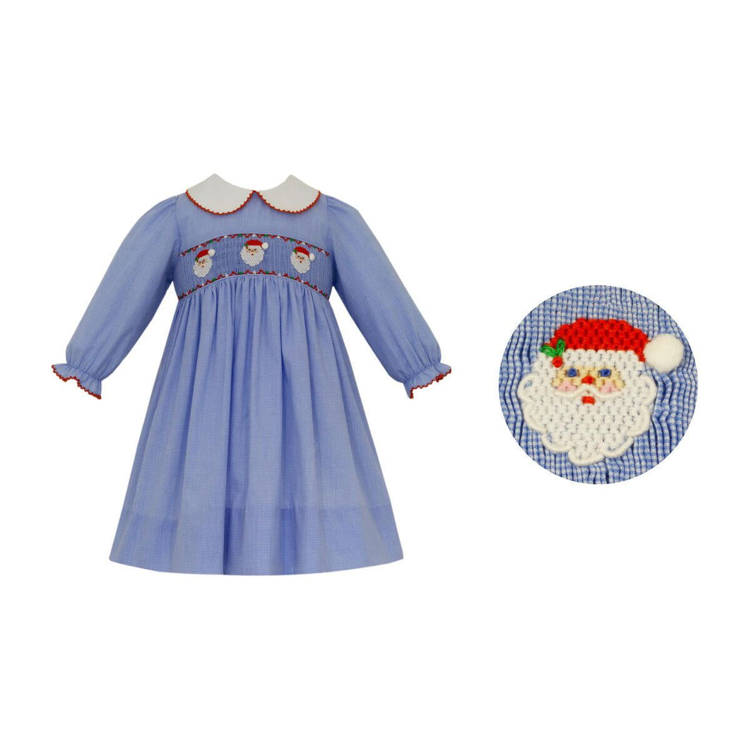 Santa's Face Smocked Dress- Blue Microcheck