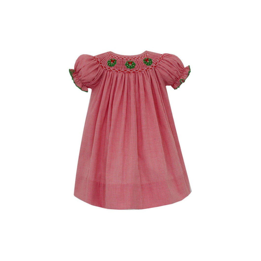 Wreath Smocked Bishop Dress- Red Check