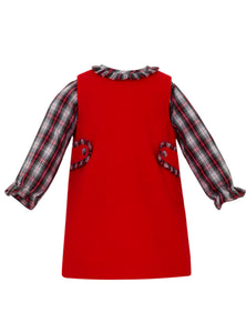 Red Corduroy Jumper w/ Red Plaid Blouse