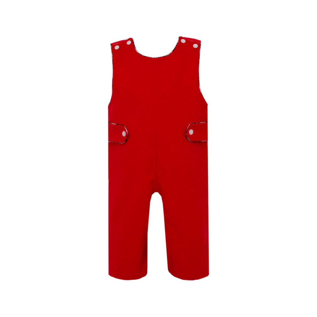 Red Corduroy Long Jon Jon w/ Red Plaid Trim