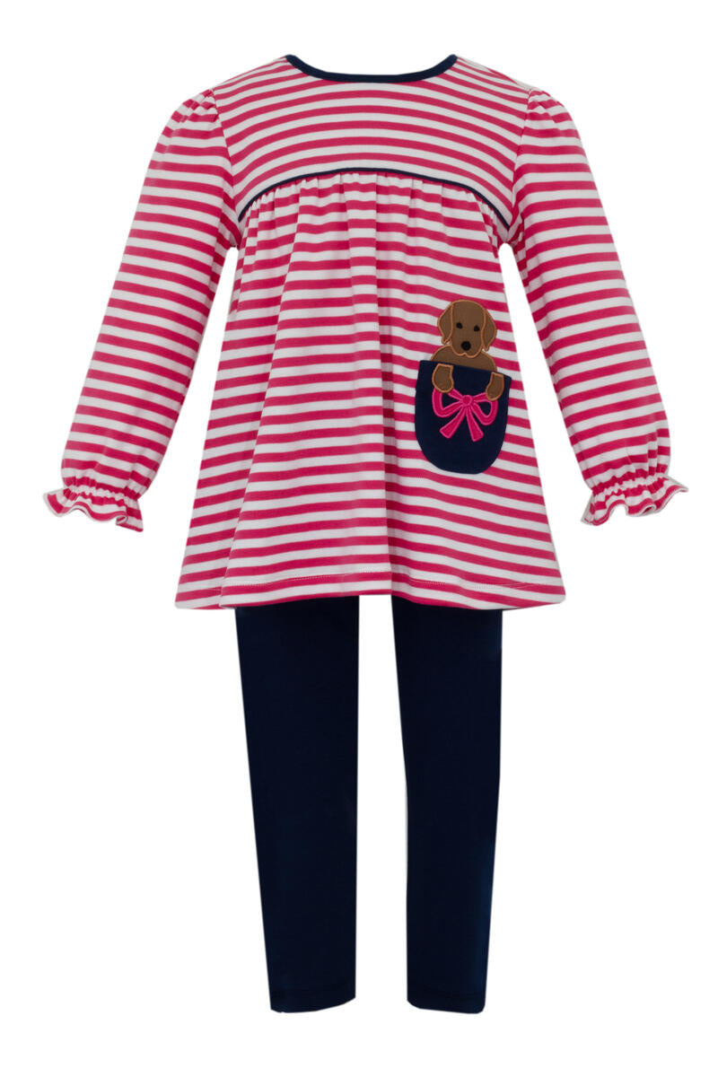 Puppy Pocket Applique Legging Set- Hot Pink Stripe