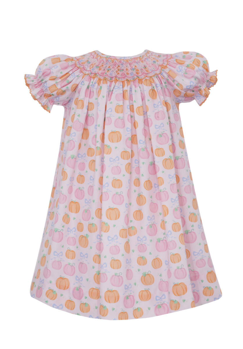 Pink & Orange Pumpkin Print Bishop Dress