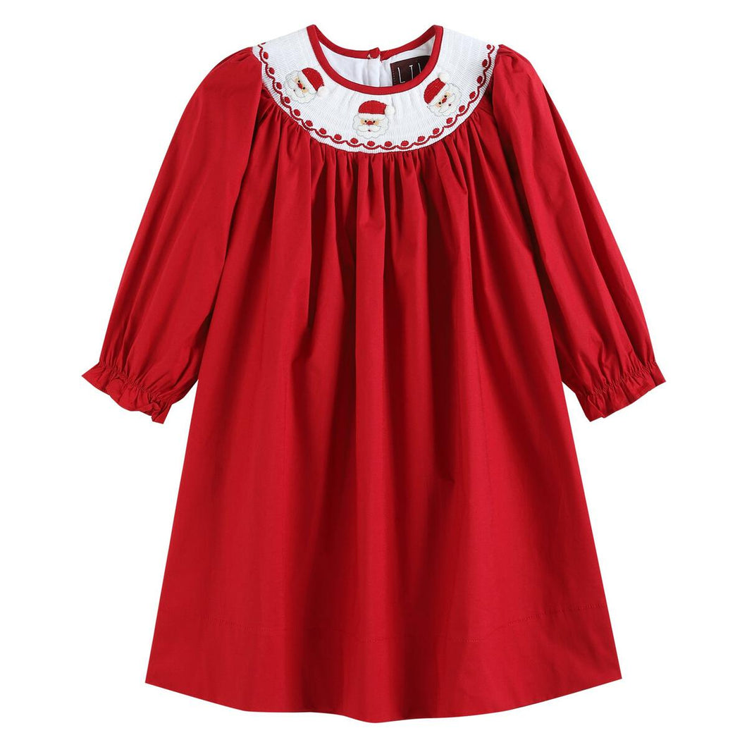 Poplin Santa LS Smocked Bishop Dress- Red