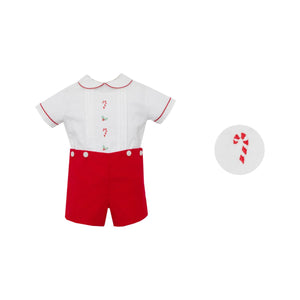 Holly & Candy Cane Embroidered Short Set- White Corduroy