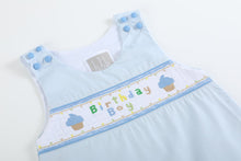 Load image into Gallery viewer, Blue Birthday Smocked Shortalls
