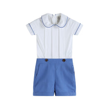 Load image into Gallery viewer, White Collared Top and Blue Button Shorts
