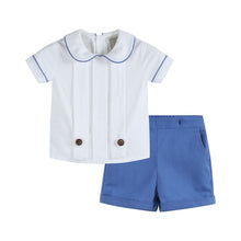 Load image into Gallery viewer, White Collared Top and Blue Button Shorts
