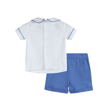 Load image into Gallery viewer, White Collared Top and Blue Button Shorts
