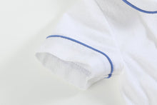 Load image into Gallery viewer, White Collared Top and Blue Button Shorts
