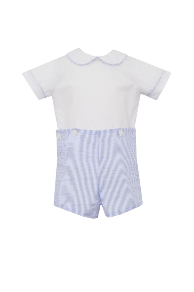 Button-on Short Set w/ White Shirt- Blue Seersucker