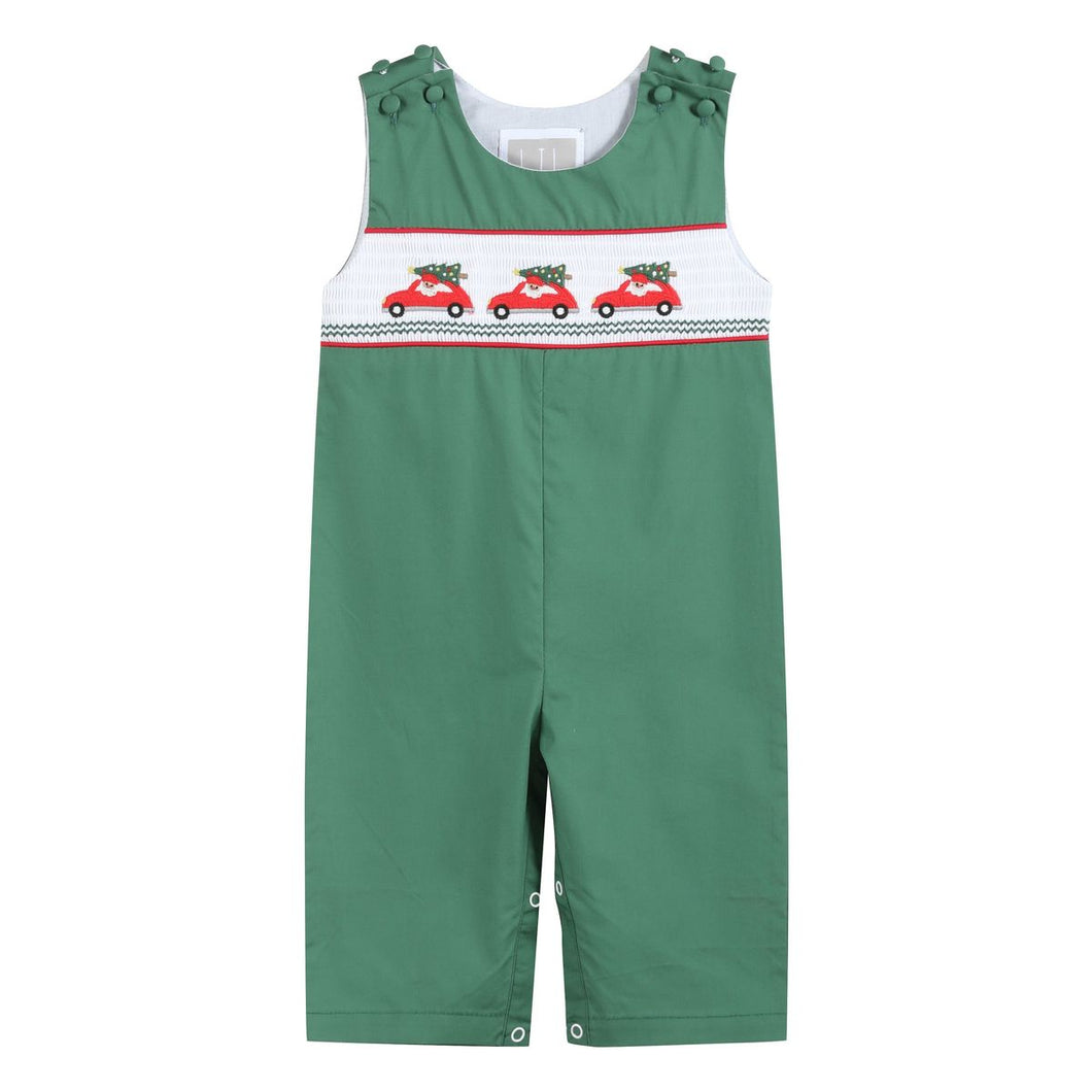 Santa Car Christmas Smocked Overalls- Green
