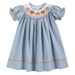 Pinstripe Turkey Smocked Bishop Dress- Light Blue