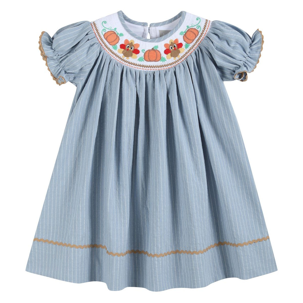 Pinstripe Turkey Smocked Bishop Dress- Light Blue