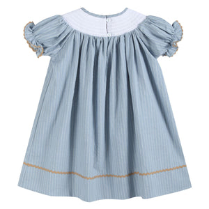Pinstripe Turkey Smocked Bishop Dress- Light Blue