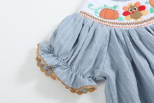 Load image into Gallery viewer, Pinstripe Turkey Smocked Bishop Dress- Light Blue
