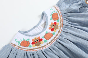 Pinstripe Turkey Smocked Bishop Dress- Light Blue