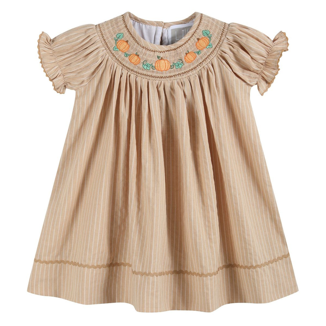Pinstripe Pumpkin Smocked Bishop Dress- Light Brown