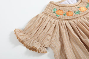 Pinstripe Pumpkin Smocked Bishop Dress- Light Brown
