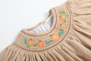 Pinstripe Pumpkin Smocked Bishop Dress- Light Brown