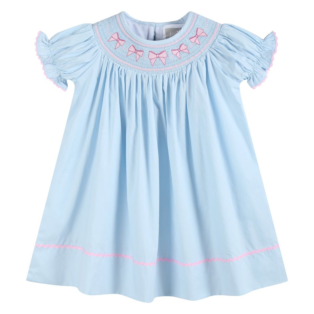 Blue & Pink Bow Smocked Bishop Dress