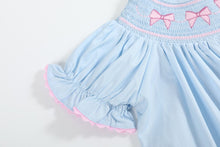 Load image into Gallery viewer, Blue &amp; Pink Bow Smocked Bishop Dress
