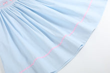 Load image into Gallery viewer, Blue &amp; Pink Bow Smocked Bishop Dress
