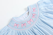 Load image into Gallery viewer, Blue &amp; Pink Bow Smocked Bishop Dress
