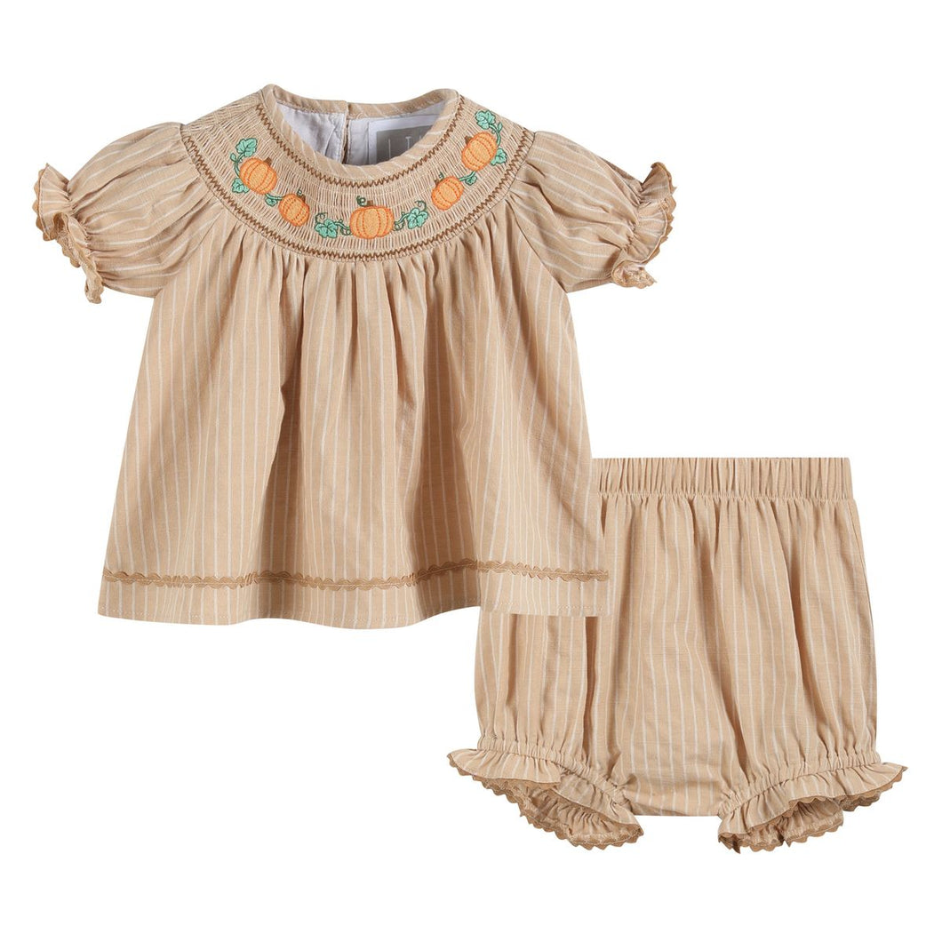 Pinstripe Pumpkin Smocked Dress & Bloomers Set- Light Brown