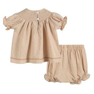 Pinstripe Pumpkin Smocked Dress & Bloomers Set- Light Brown