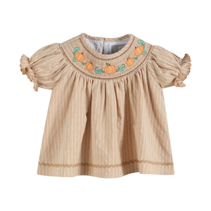 Pinstripe Pumpkin Smocked Dress & Bloomers Set- Light Brown