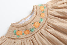 Load image into Gallery viewer, Pinstripe Pumpkin Smocked Dress &amp; Bloomers Set- Light Brown
