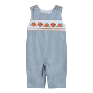 Pinstripe Turkey Smocked Overalls- Light Blue
