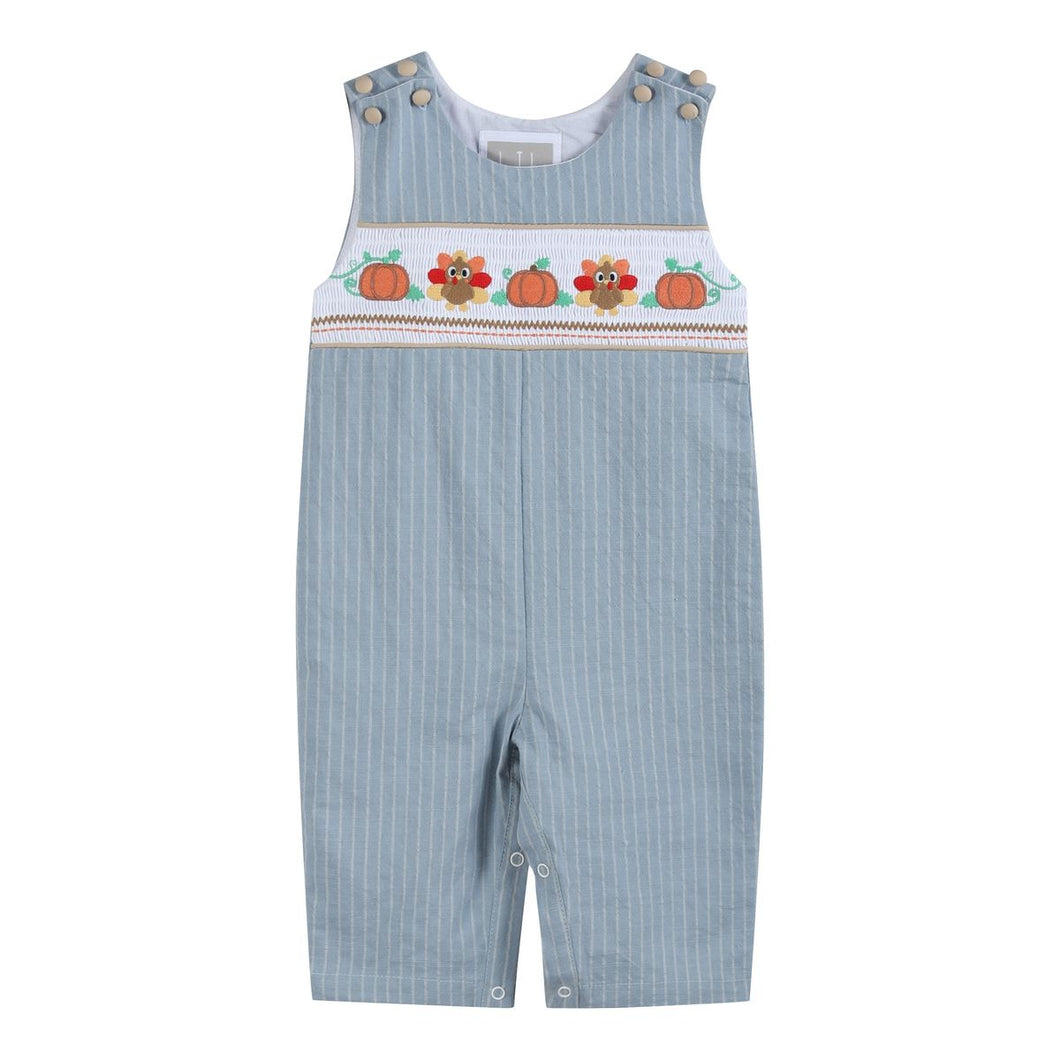 Pinstripe Turkey Smocked Overalls- Light Blue