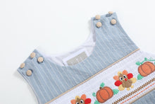 Load image into Gallery viewer, Pinstripe Turkey Smocked Overalls- Light Blue
