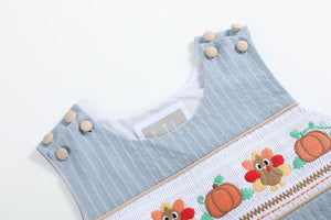 Pinstripe Turkey Smocked Overalls- Light Blue