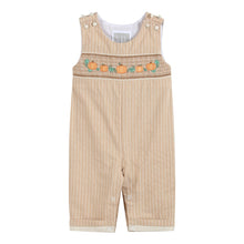 Load image into Gallery viewer, Pinstripe Pumpkin Smocked Overalls- Light Brown
