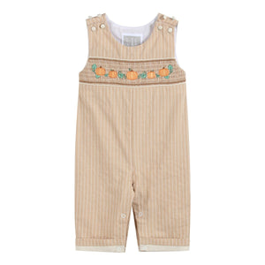 Pinstripe Pumpkin Smocked Overalls- Light Brown