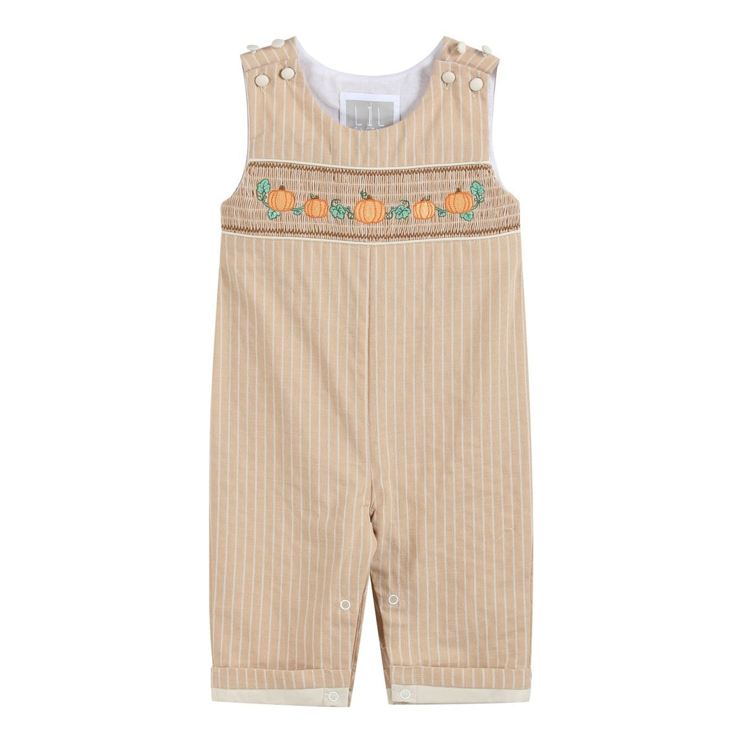 Pinstripe Pumpkin Smocked Overalls- Light Brown