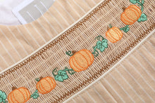 Load image into Gallery viewer, Pinstripe Pumpkin Smocked Overalls- Light Brown
