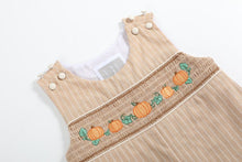 Load image into Gallery viewer, Pinstripe Pumpkin Smocked Overalls- Light Brown
