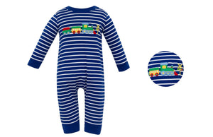 Train Applique Romper- Royal Blue Stripe