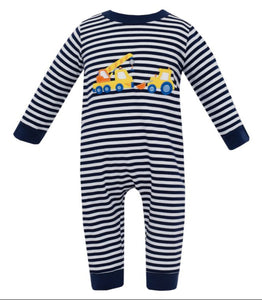 Crane Applique Romper- Navy Stripe