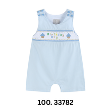 Load image into Gallery viewer, Blue Birthday Smocked Shortalls
