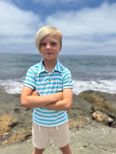 Load image into Gallery viewer, Turquoise/ White Stripe Shipping Polo
