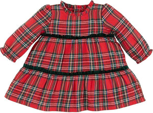 Girls Plaid Tartan Dress W/Green Velvet Bows