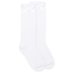 Girls Pointelle Bow Knee Socks - White