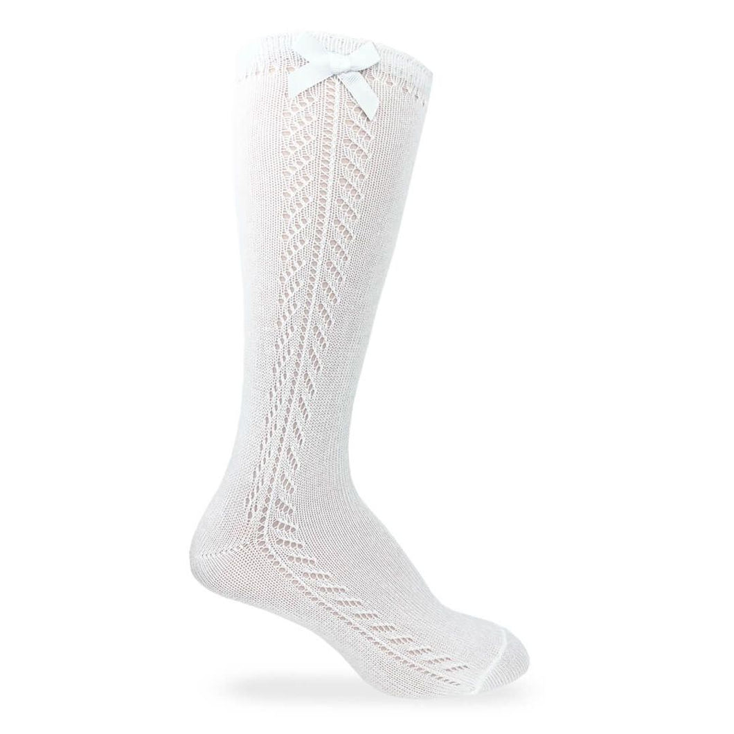 Girls Pointelle Bow Knee Socks - White