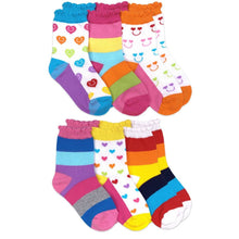 Load image into Gallery viewer, Rainbow Stripes Hearts Smiley Face Crew Socks- 6 pack
