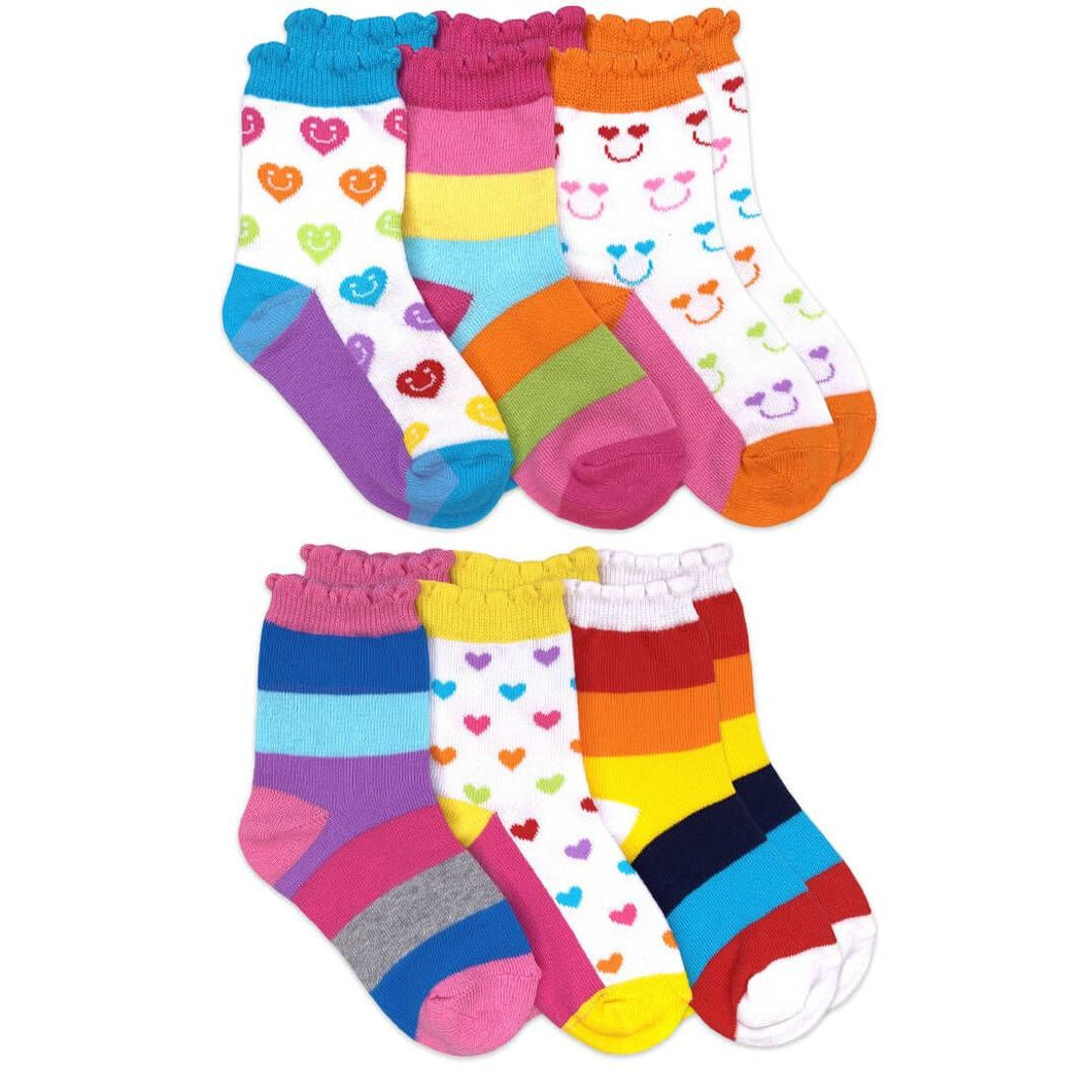 Rainbow Stripes Hearts Smiley Face Crew Socks- 6 pack