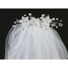 Load image into Gallery viewer, Veil on Comb w/ Organza Flowers Rhinestones, Pearls, Crystals
